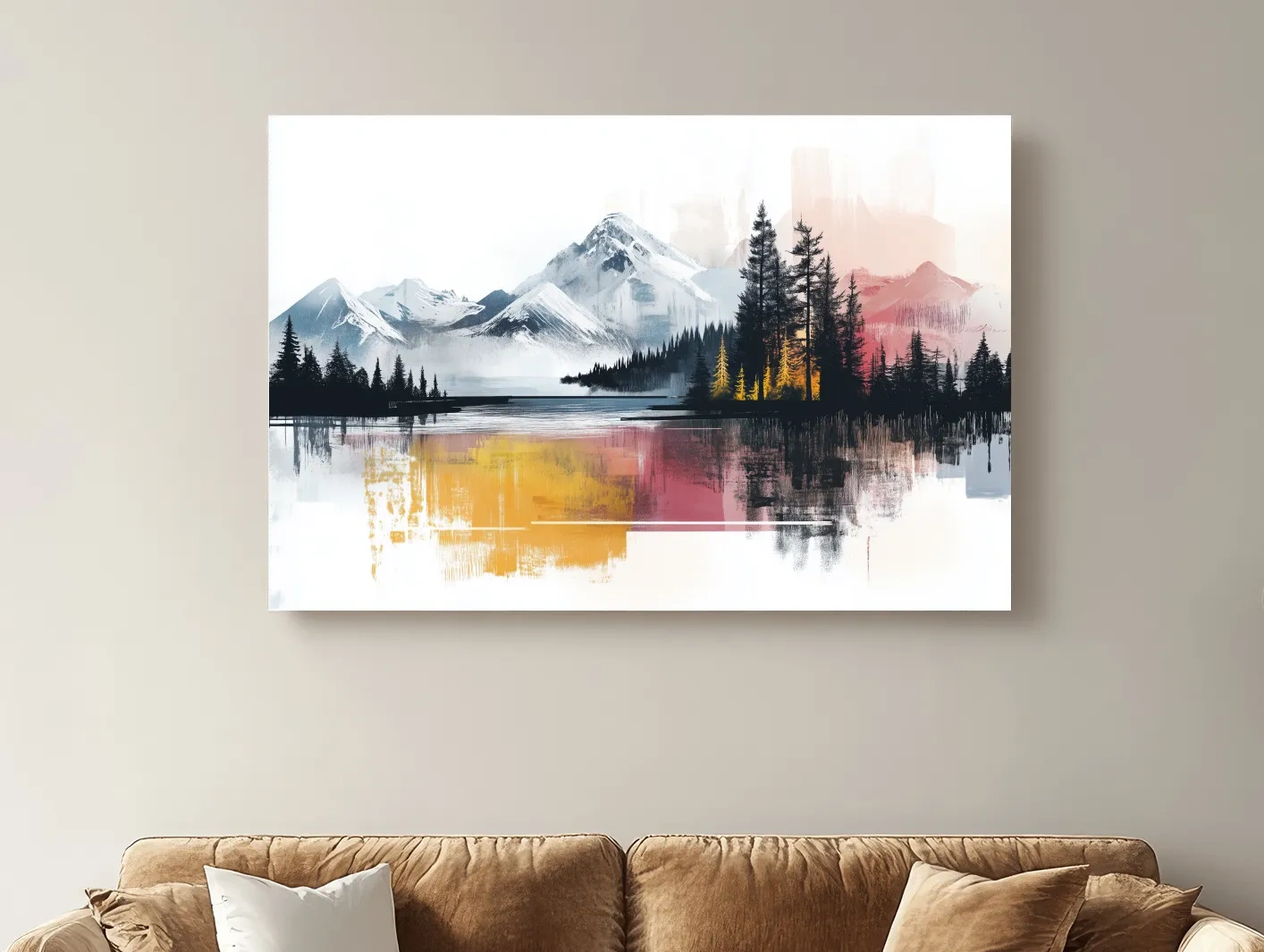 Abstract Misty Mountain Lake Painting - Modern Watercolor Pine Forest Art