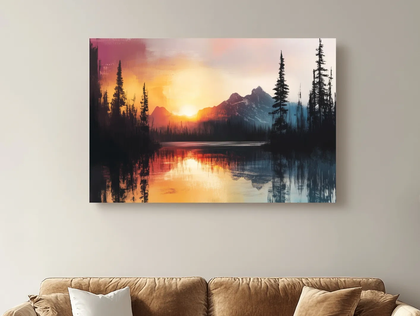 Sunset Mountain Lake Reflection Painting - Dramatic Pine Forest Landscape Wall Art