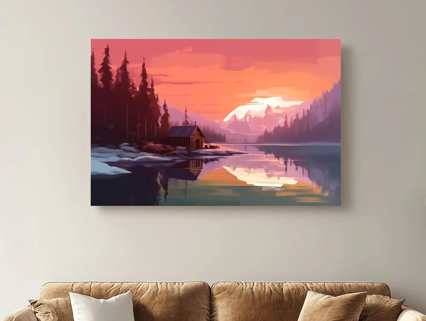 Sunset Mountain Lake Cabin Painting - Serene Alpine Landscape Wall Art