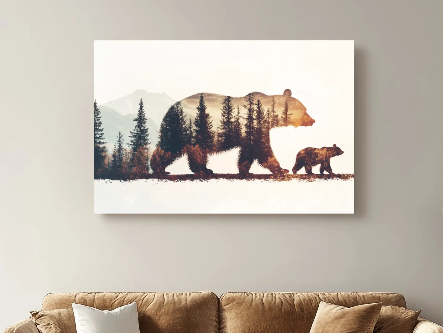 Rustic Double Exposure Bear Family - Sunset Forest Wildlife Wall Art