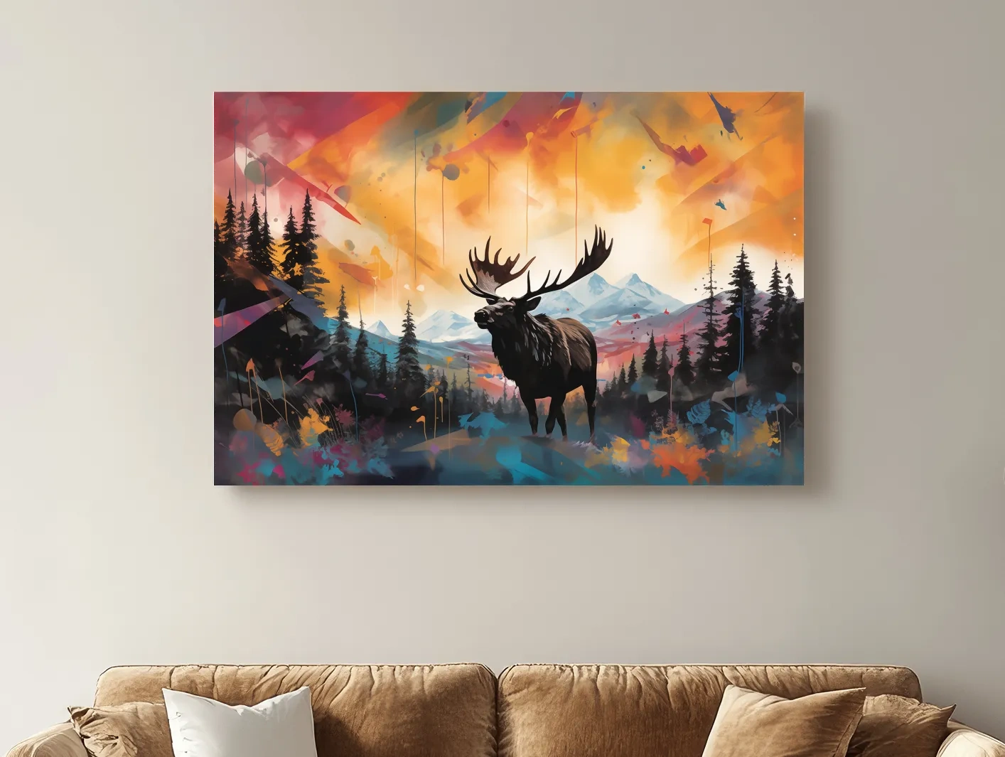 Vibrant Abstract Moose Mountain Painting - Colorful Wildlife Wall Art