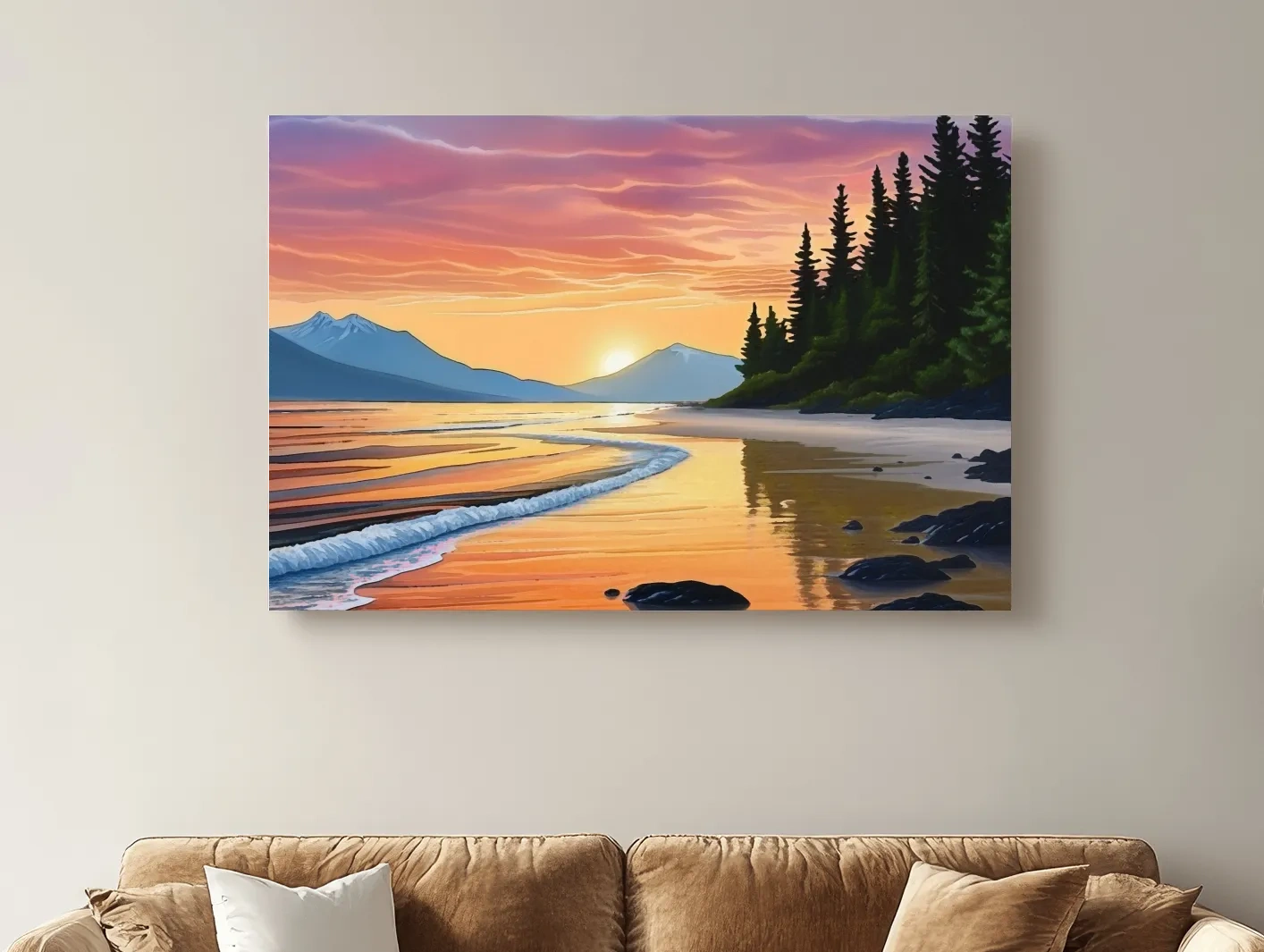Pacific Northwest Coastal Sunset Beach Painting - Vibrant Pine Wall Art