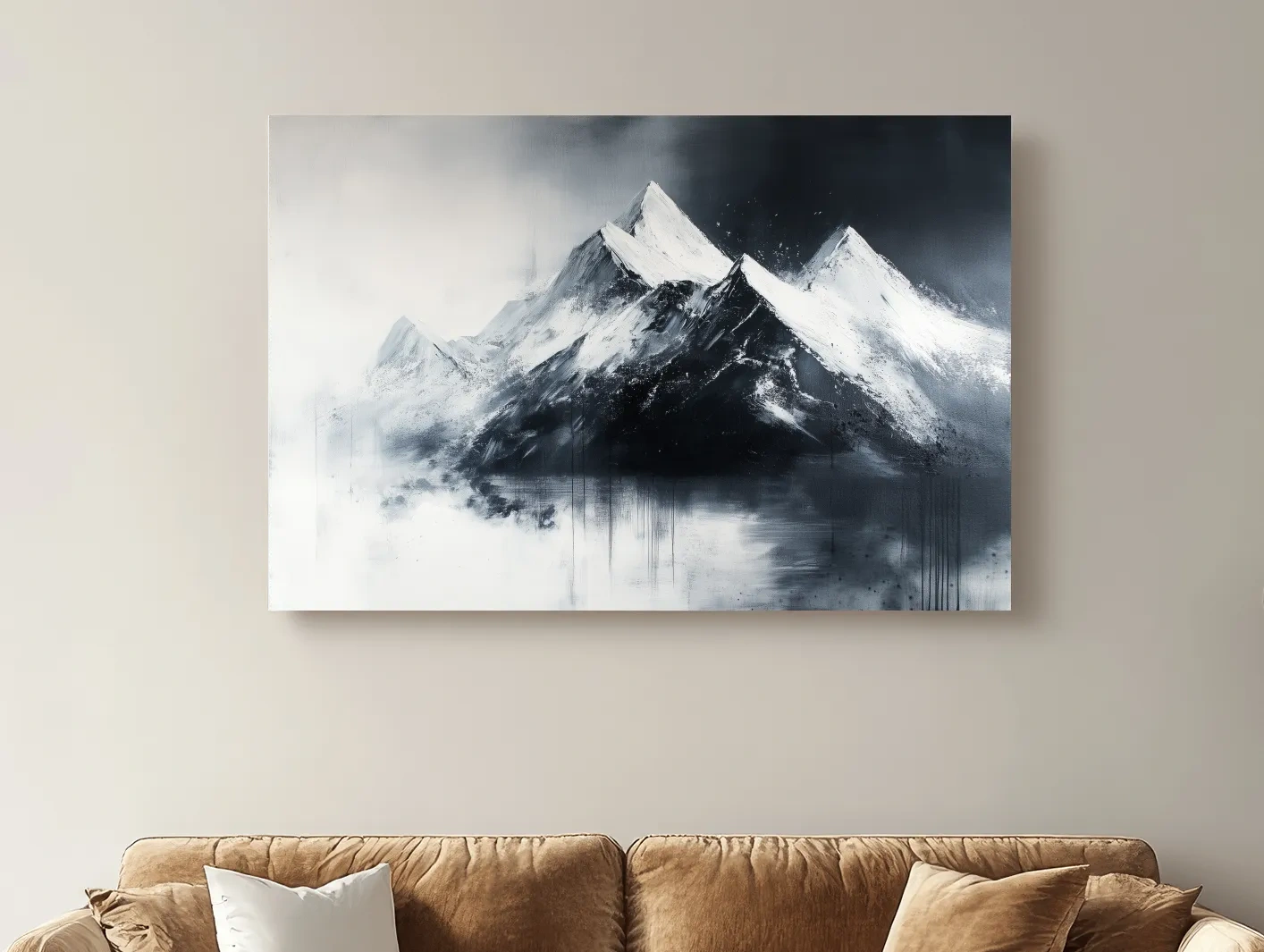 Moody Monochrome Snowcapped Mountain Peaks Painting - Modern Minimalist Wall Art