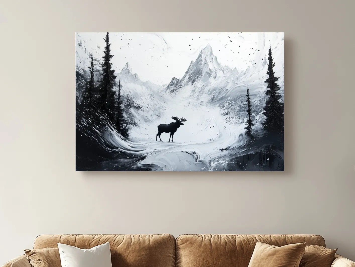 Moody Monochrome Moose Alpine Meadows - Abstract Ink Wash Wildlife Wall Art