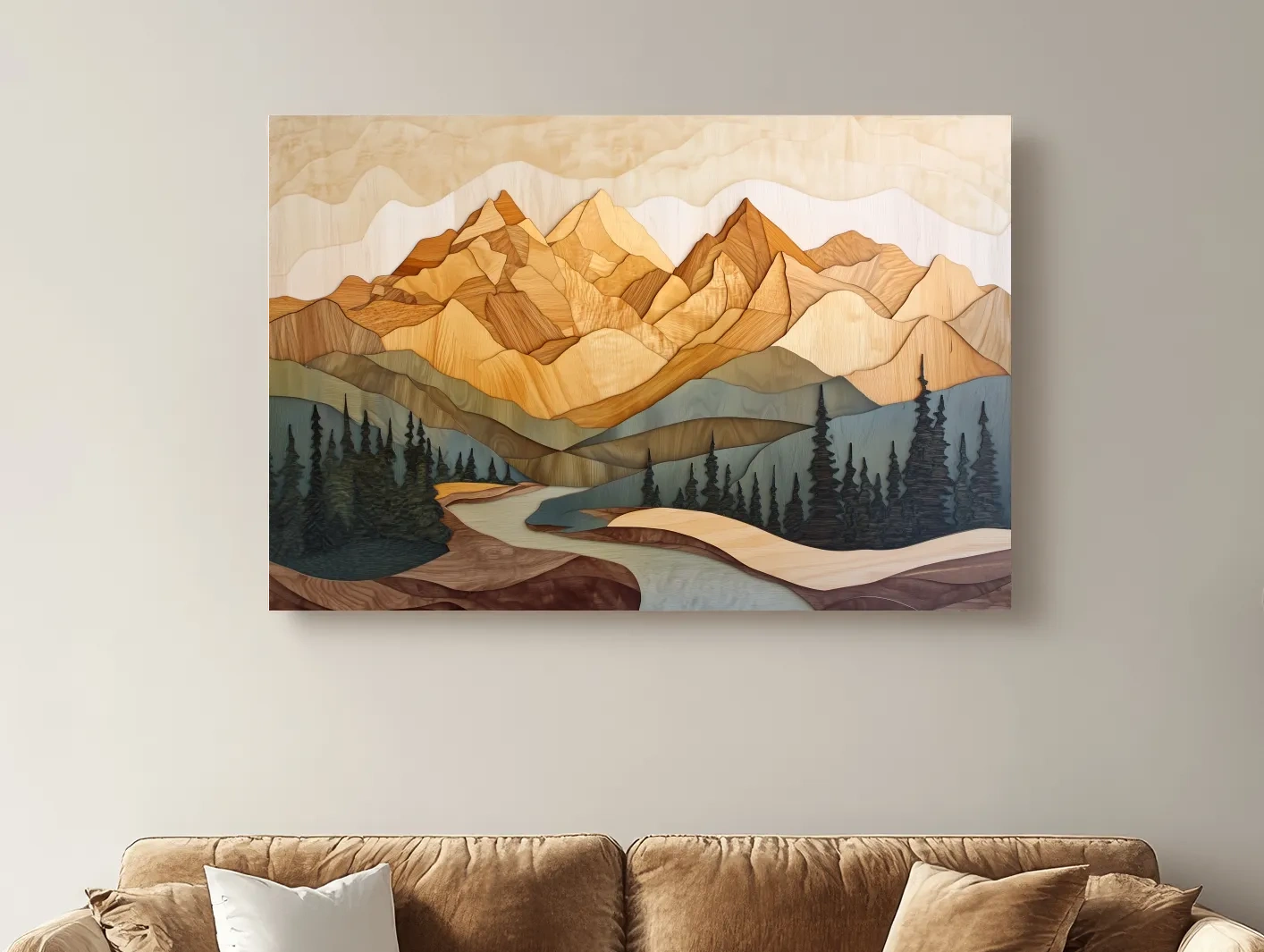 Wood Intarsia Mountain Landscape - Warm Earth Tone Alpine Forest Wall Art