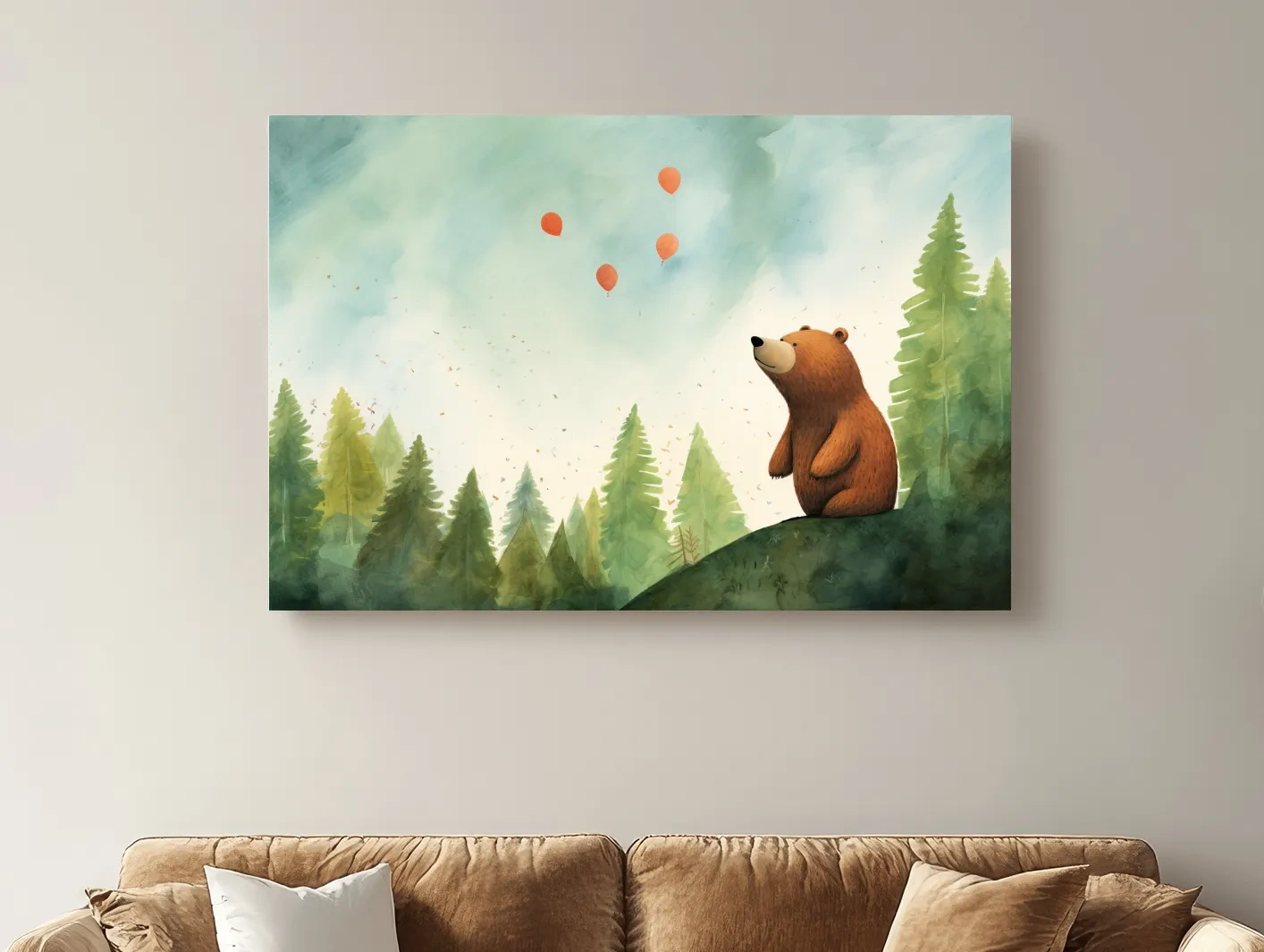 Whimsical Watercolor Bear Watching Balloons - Cute Nursery Forest Wall Art
