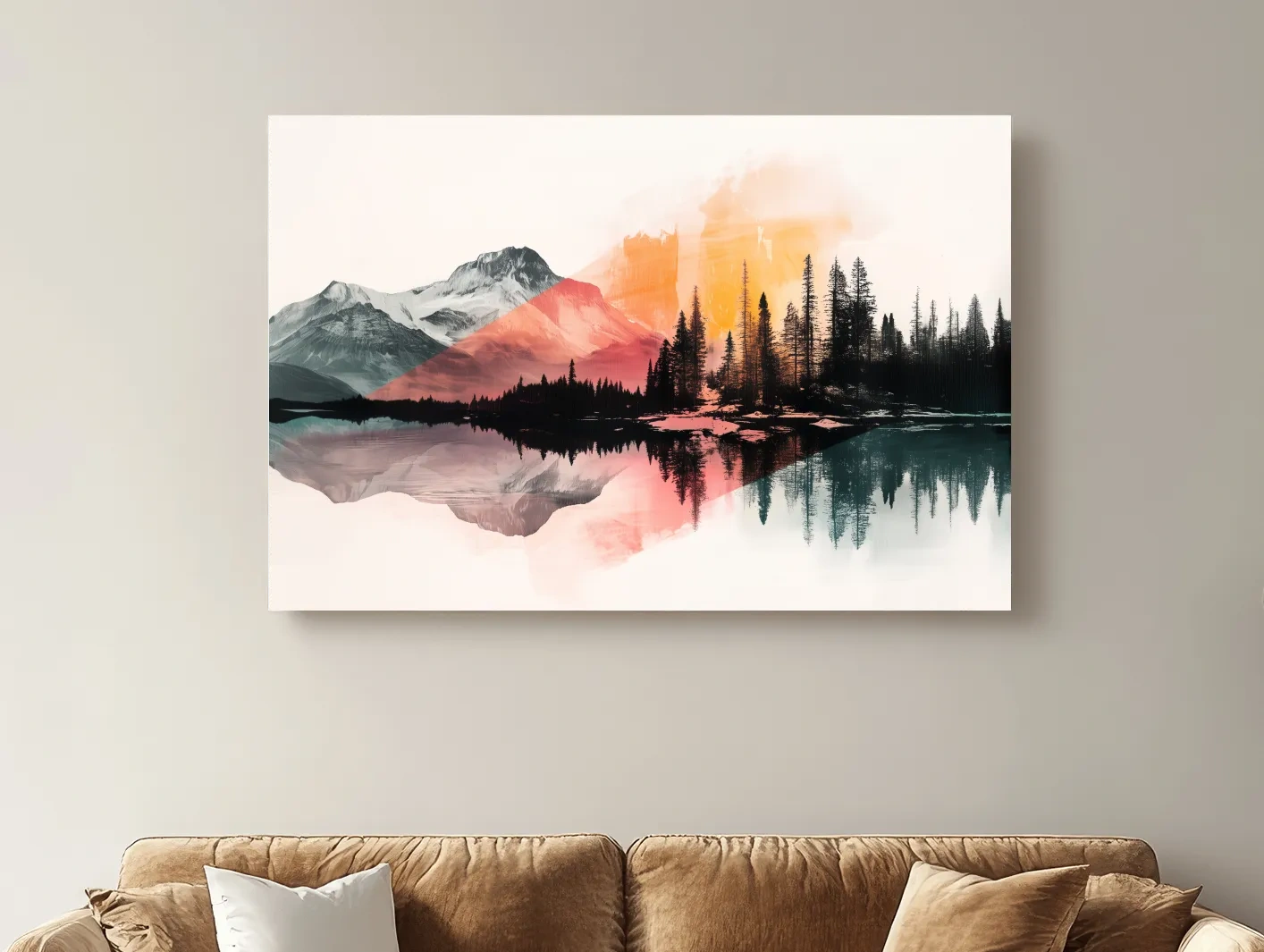 Abstract Alpine Lake Reflection Painting - Modern Watercolor Forest Landscape Wall Art