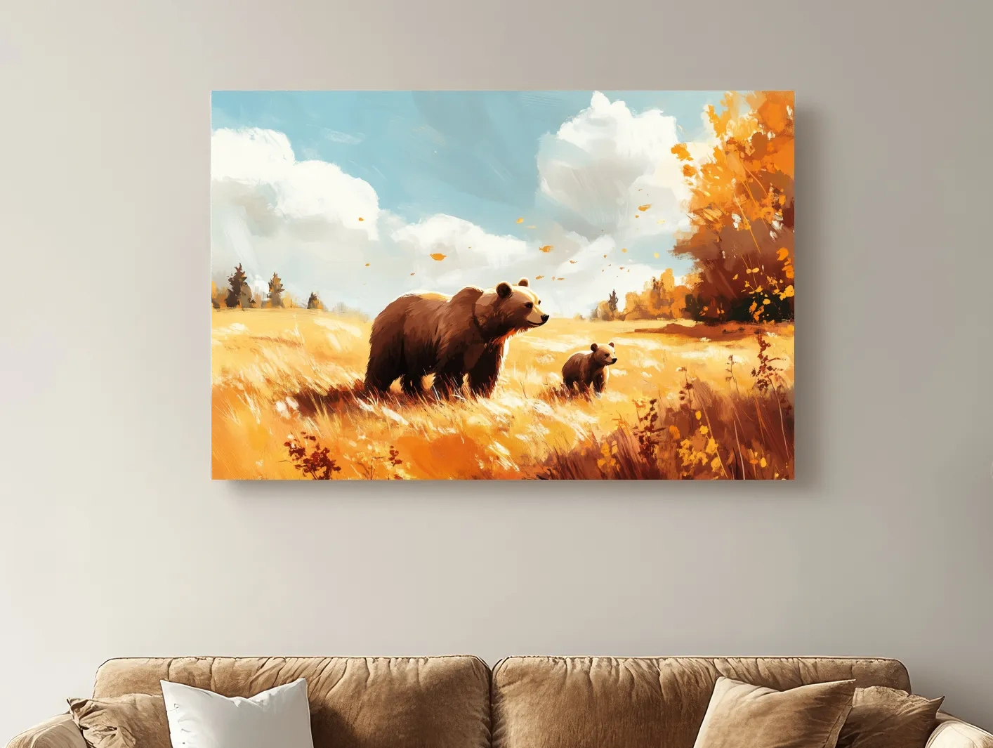 Autumn Grizzly Bear & Cub Painting - Warm Golden Wildlife Wall Art