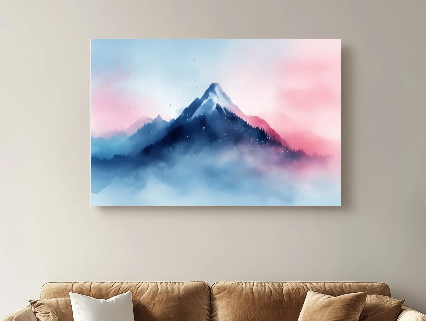 Dreamy mountain painting artwork, glacial peaks above the clouds in pastel hues