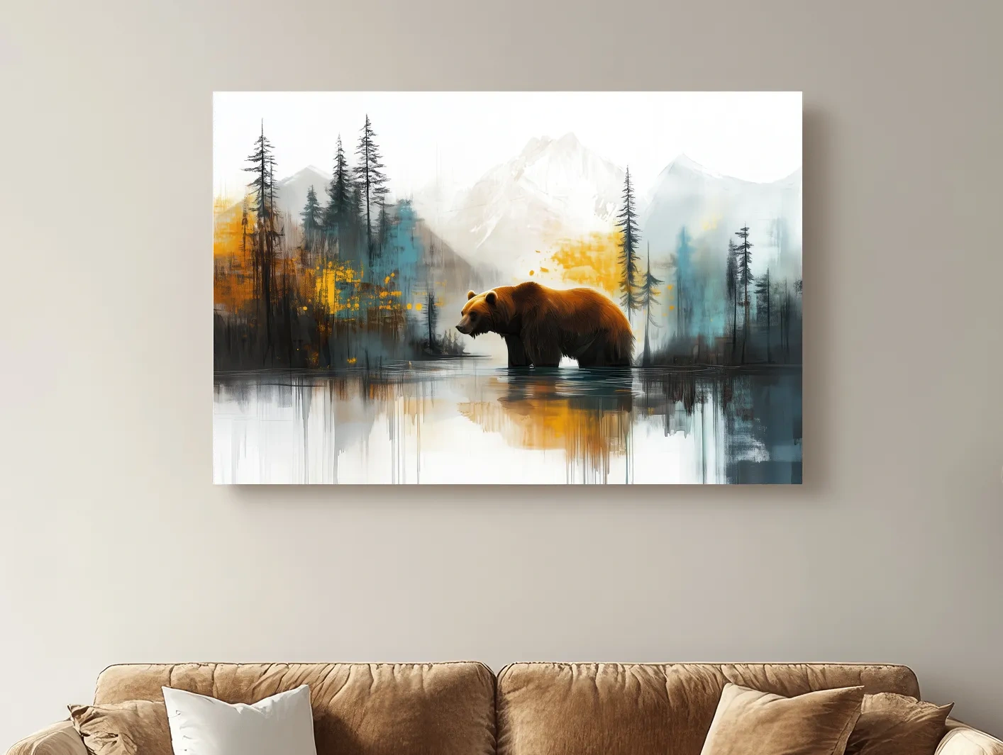 Grizzly Bear Lake Reflection - Misty Mountain Forest Textures Watercolor Style Artwork