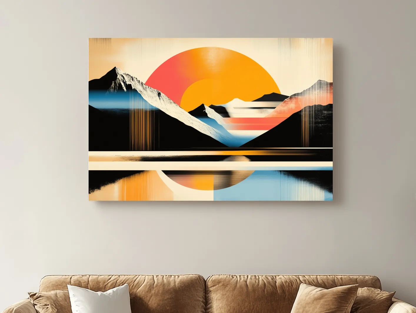 Retro Abstract Alpine Lake Sunset Artwork - Geometric Landscape Wall Art