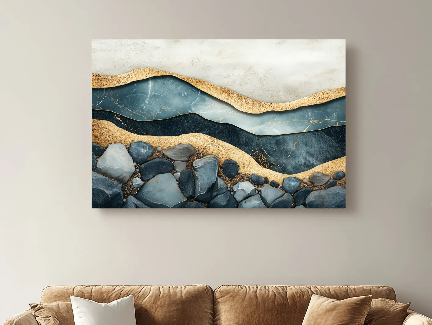 Luxury Teal Gold Marble Geode Layers - Modern River Rock Wall Art