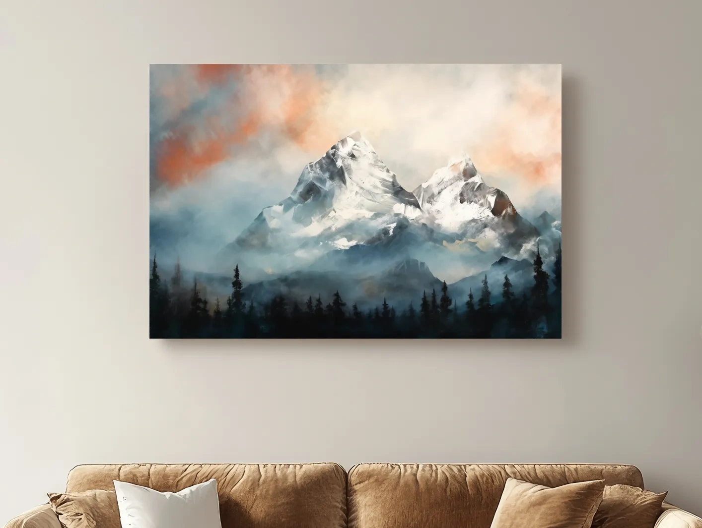 Misty Snowcapped Mountain Peaks Painting - Alpine Sunset Wall Art