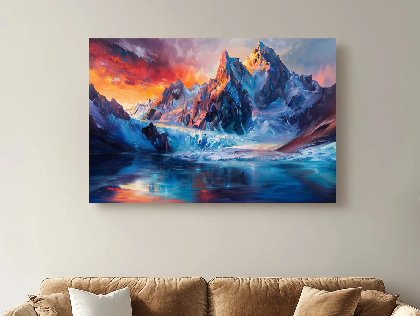 Vibrant Glacial Sunset Impressionism Painting - Dramatic Alpine Mountain Wall Art