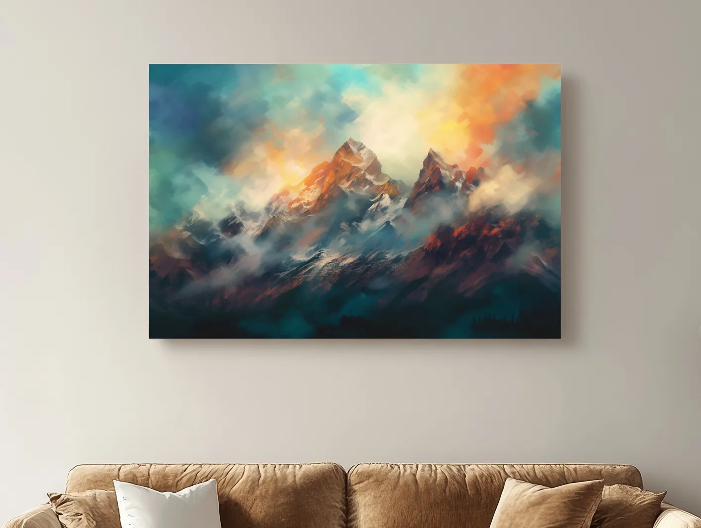 Colorful mountain sunrise artwork, peaks in the mist