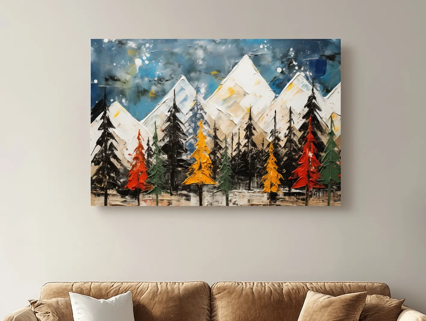 Textured Abstract Oil Painting Style Mountain Forest - Colorful Autumn Pines Landscape Wall Art