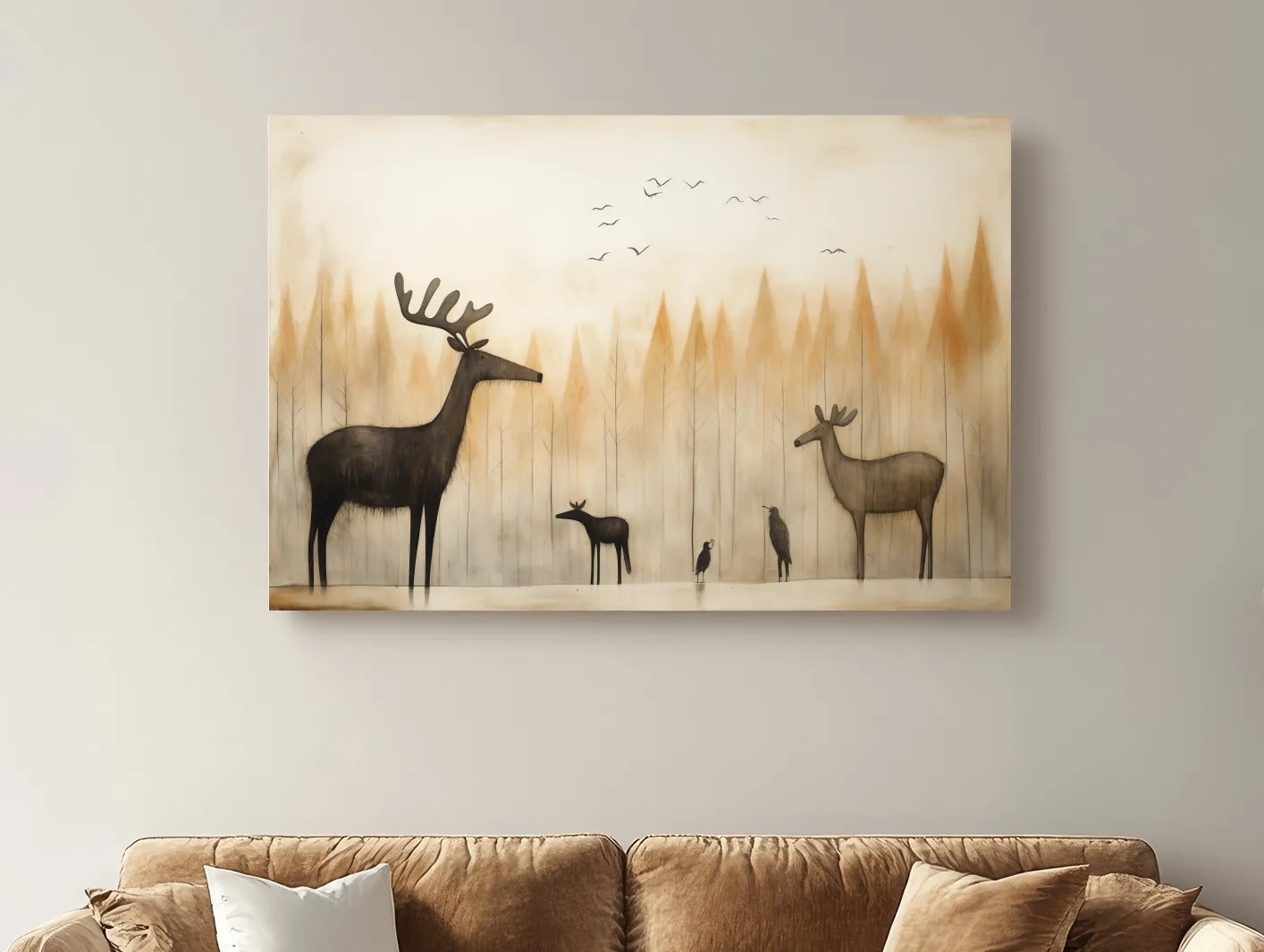 Minimalist Woodland Deer Family Illustration - Scandinavian Nursery Forest Wall Art