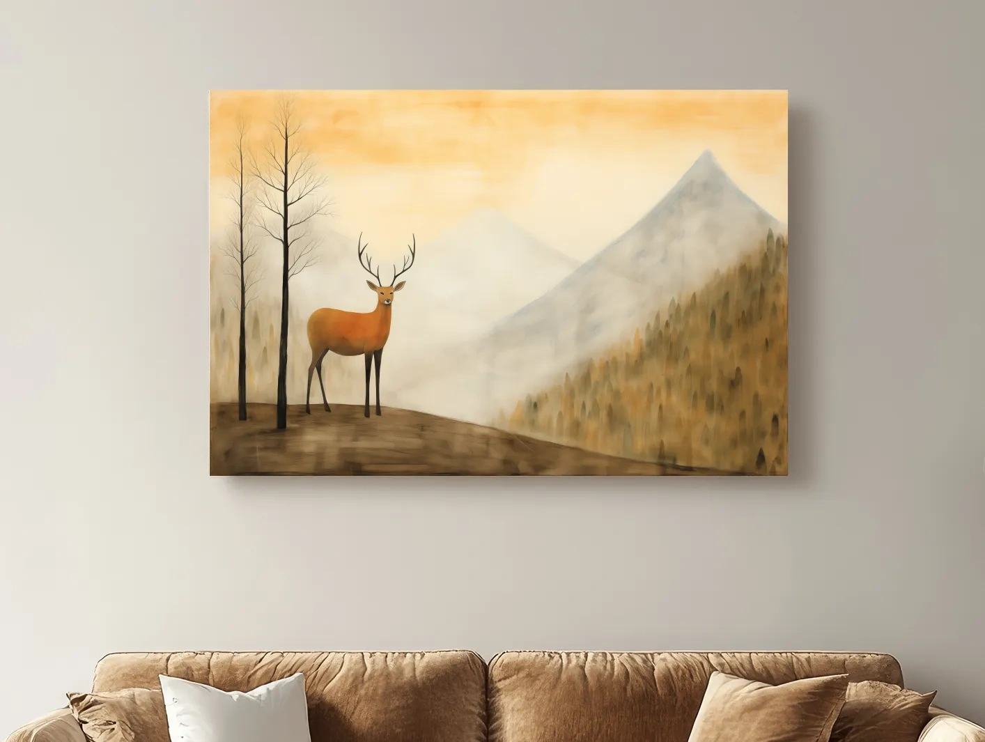 Deer Alpine Mountain Landscape Painting - Serene Foggy Forest Wall Art