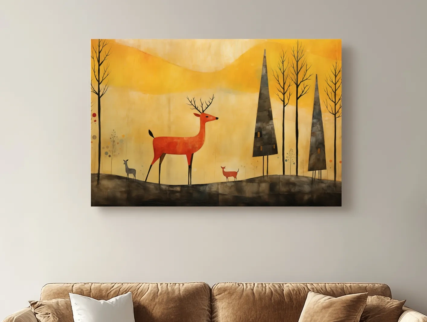 Whimsical Deer Forest Illustration - Autumn Woodland Landscape Wall Art
