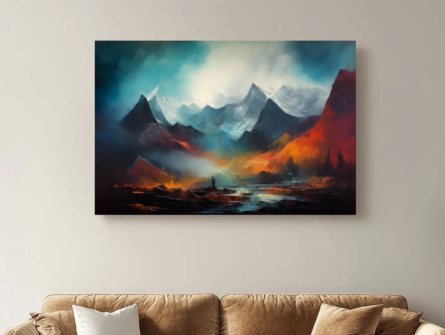 Colorful impressionist painting, abstract mountain landscape artwork