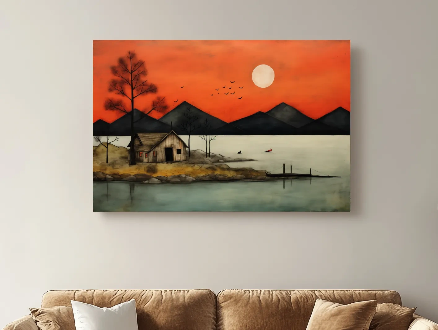 Rustic lakeside cabin art at sunset, textured effect wall art painting