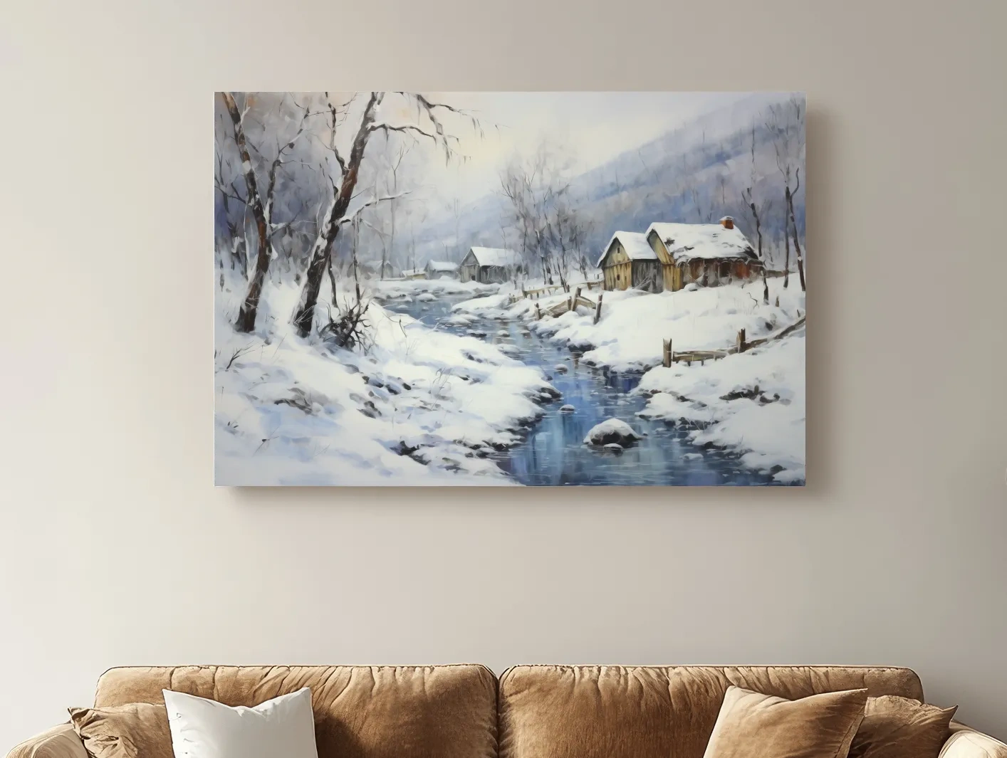 Snowy Winter Cabin Stream Landscape - Serene Rustic Wall Art