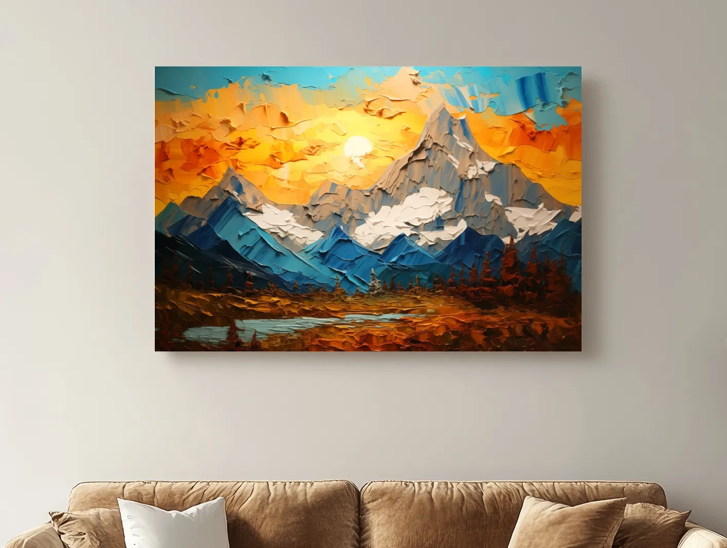 Palette Knife Style Mountain Sunset Painting - Vibrant Abstract Alpine Artwork