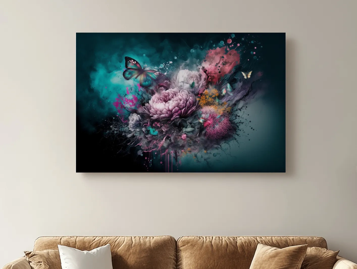 Surreal Floral Butterfly Explosion Painting - Vibrant Botanical Wall Art