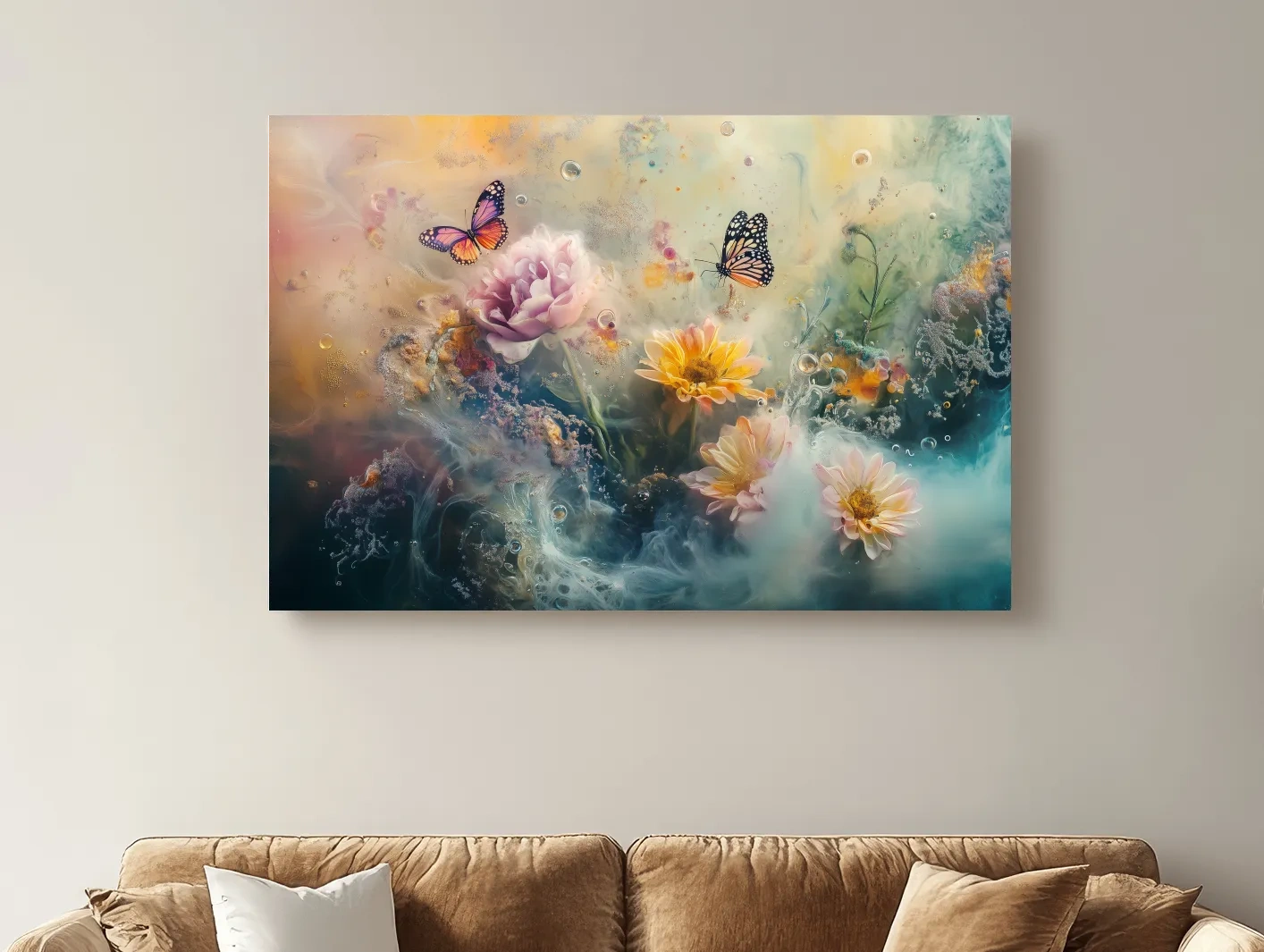 Ethereal Butterfly Floral Dreamscape - Pastel Mixed Media Wall Art