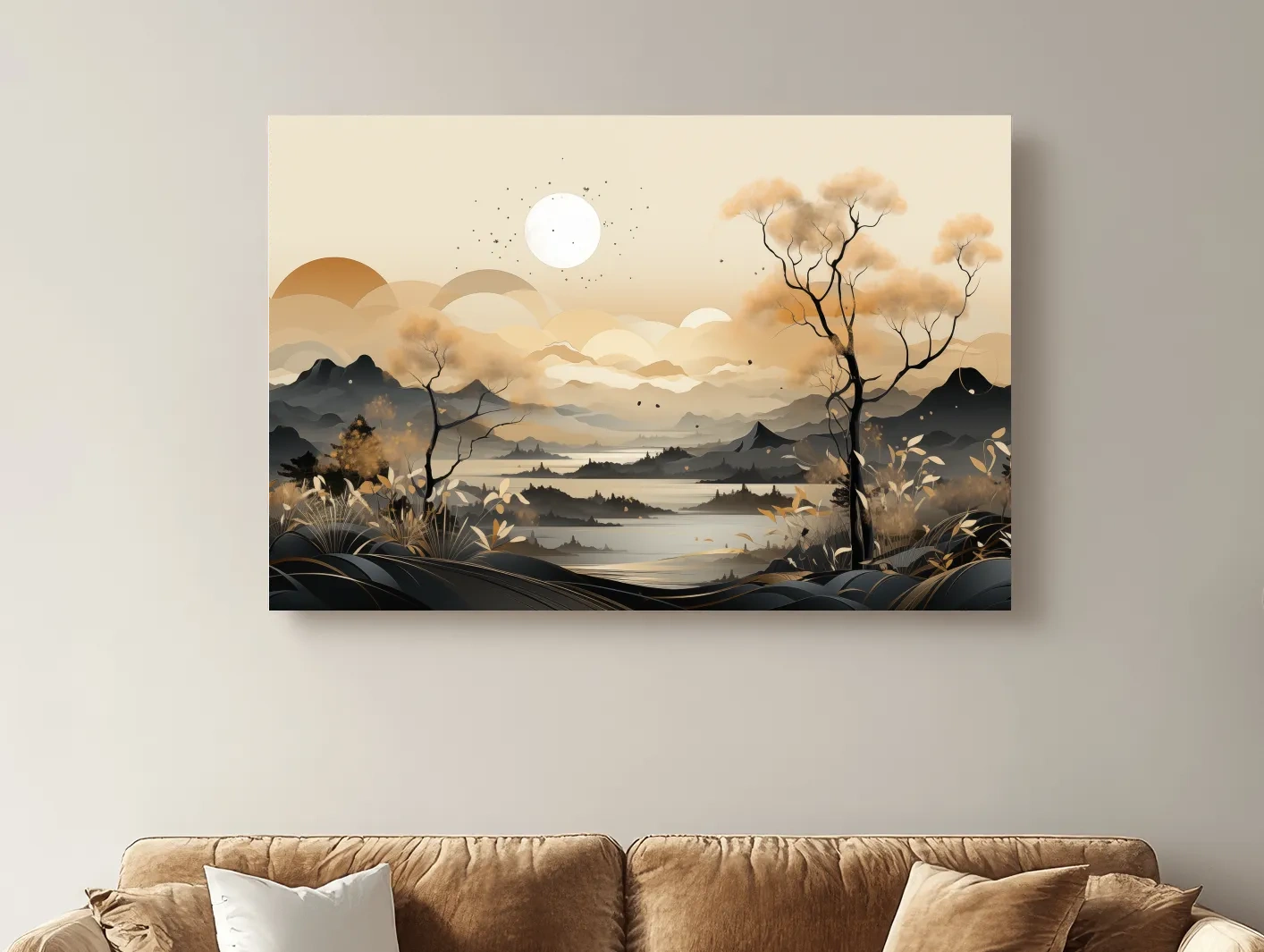 Japandi Misty Mountain Lake Landscape - Boho Wall Artwork
