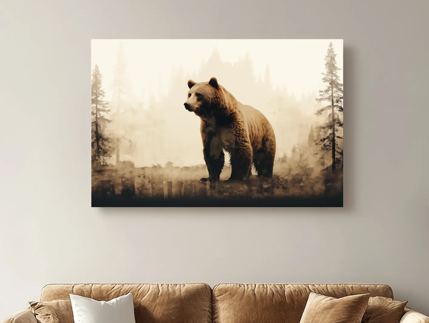 Grizzly bear in the forest, double exposure sepia photography artwork