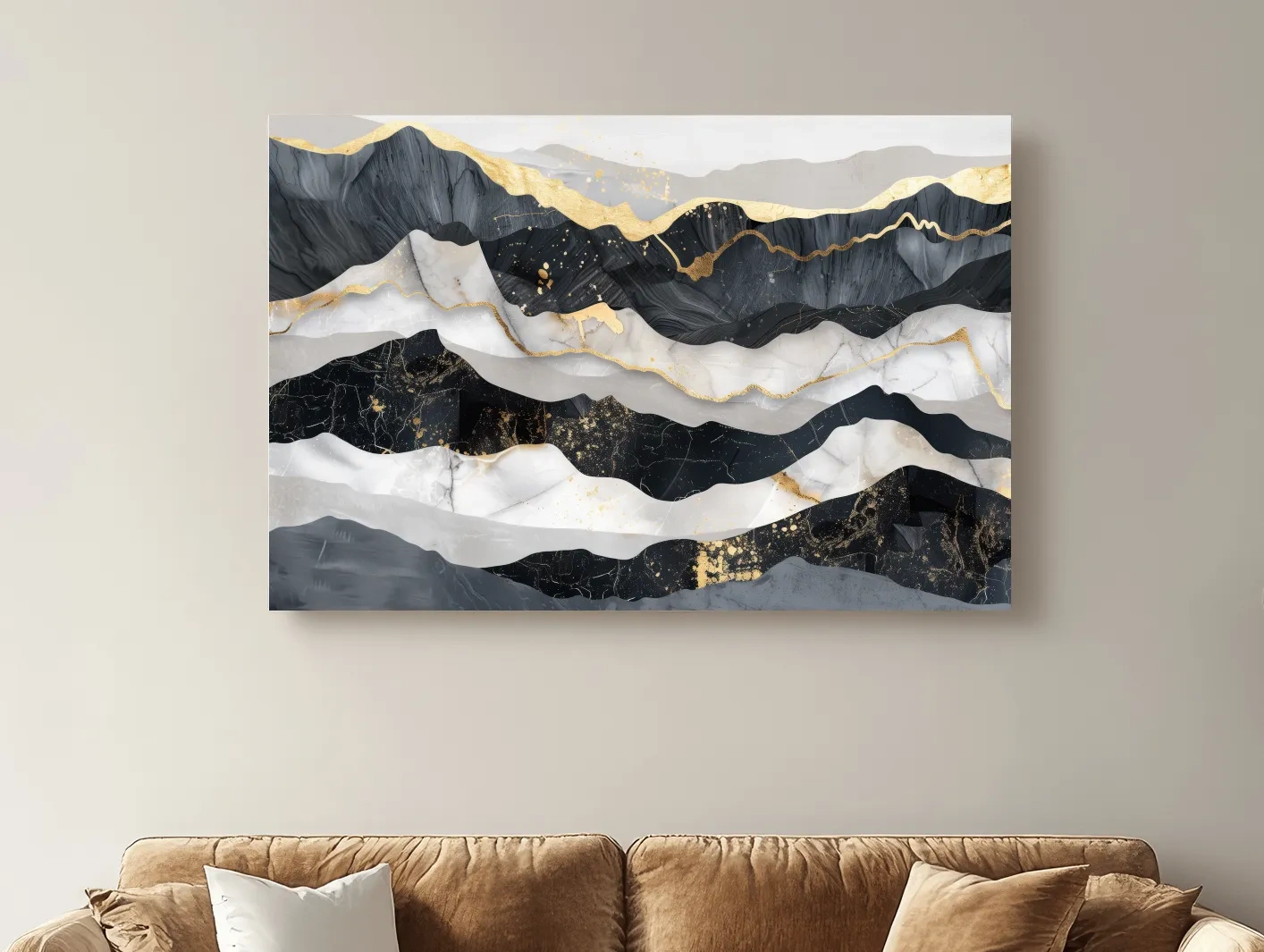 Abstract Black Marble Mountain Layers - Modern Elegant Gold Foil Landscape Wall Art