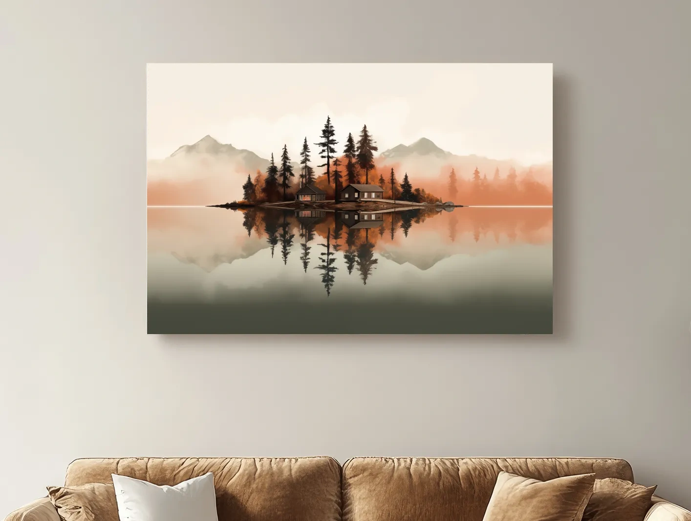 Minimalist Misty Lake Cabin Reflection - Autumn Mountain Landscape Wall Art