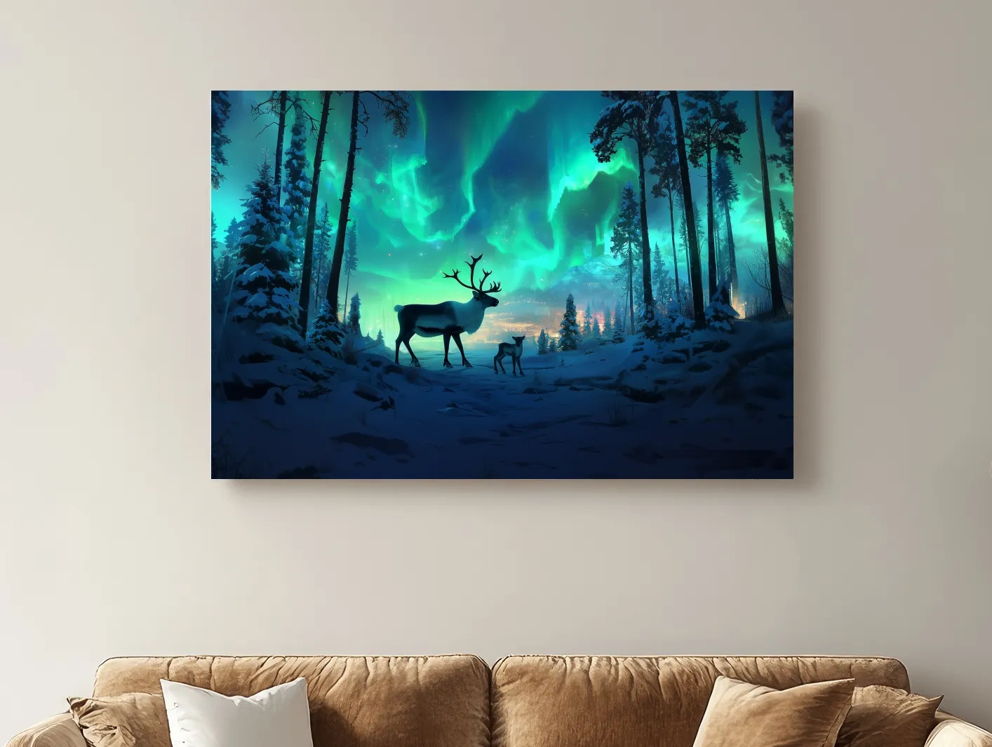 Caribou Buck Under Aurora Borealis Winter Scene - Fantasy Northern Lights Forest Wall Art