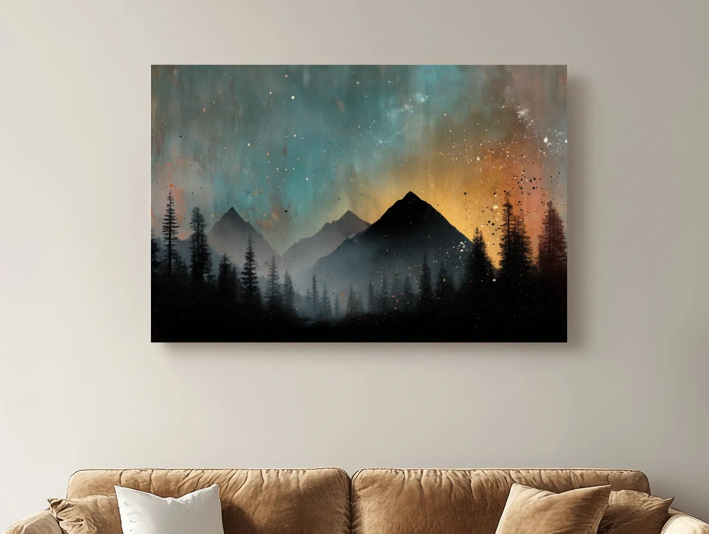 Moody Mountain Sunset Silhouette - Abstract Pine Forest Wall Art