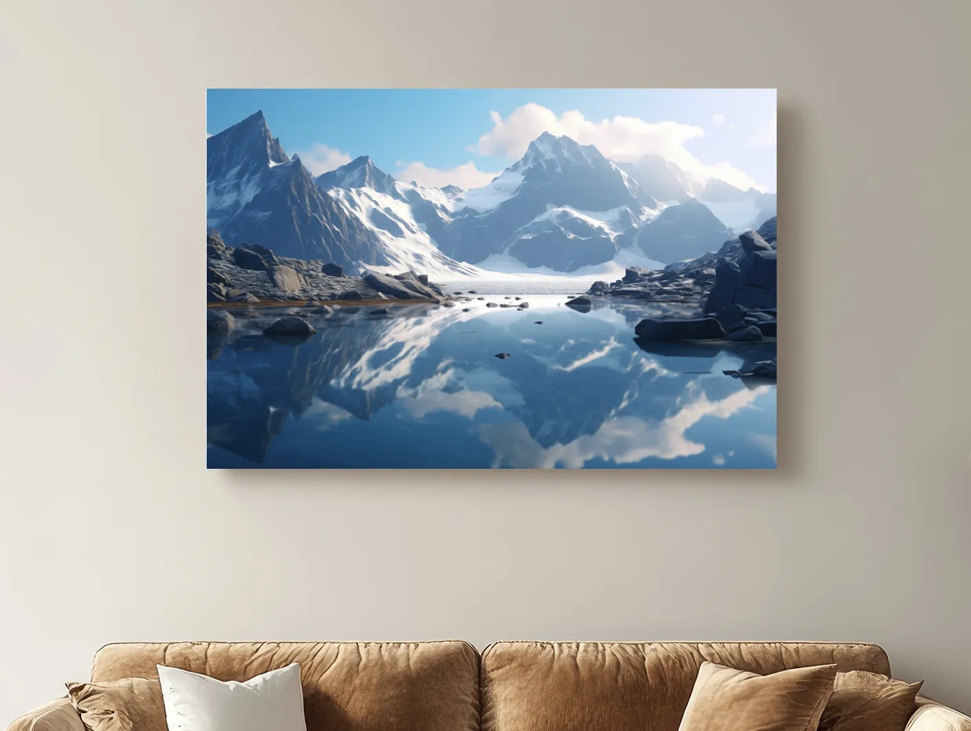 Majestic Snowcapped Mountain Lake Artwork - Serene Alpine Photography Wall Art