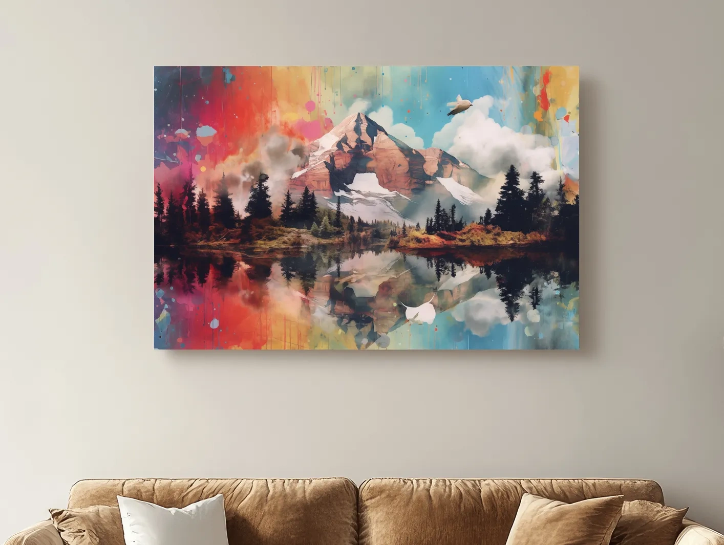 Vibrant Abstract Mountain Lake Painting - Colorful Landscape Wall Art