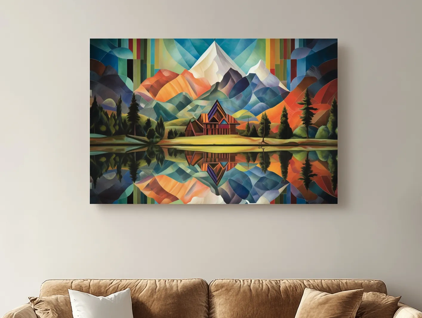 Vibrant Geometric Mountain Cabin Lake Reflection - Colorful Abstract Landscape Wall Art