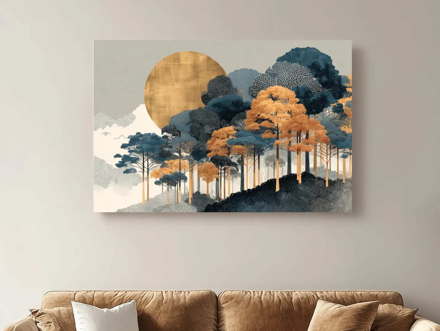 Modern Chic Golden Sun Over Autumn Forest - Elegant Boho Landscape Wall Art