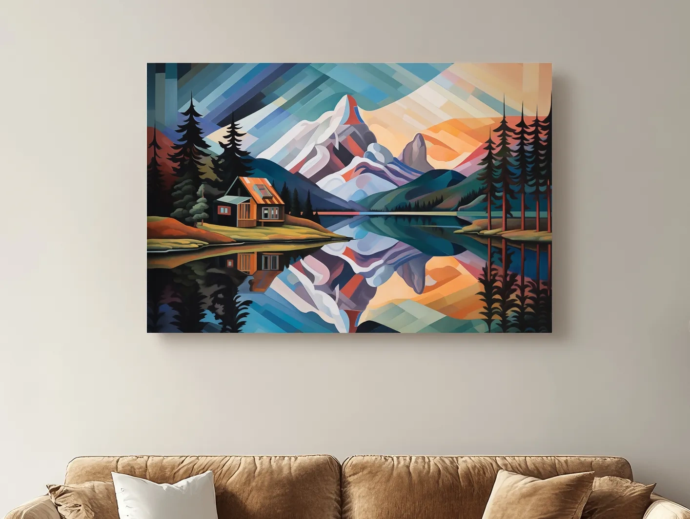 Mountain Cabin by the Lake Canvas Print - Abstract Oil Painting Sunset Wall Art