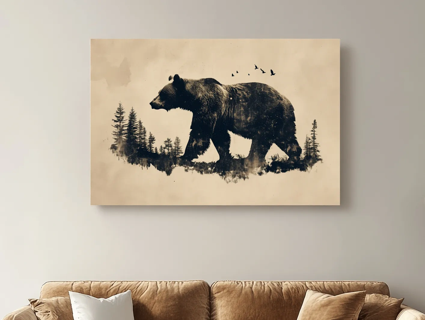 Vintage Grizzly Bear Forest Silhouette - Rustic Wildlife Wall Art