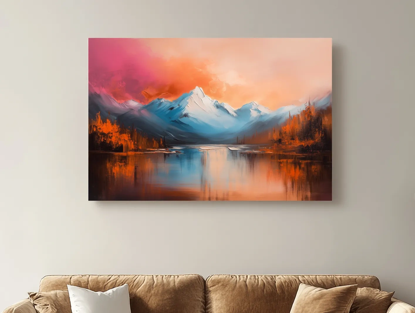 Textured Sunset Mountain Lake Painting - Serene Abstract Landscape Wall Art
