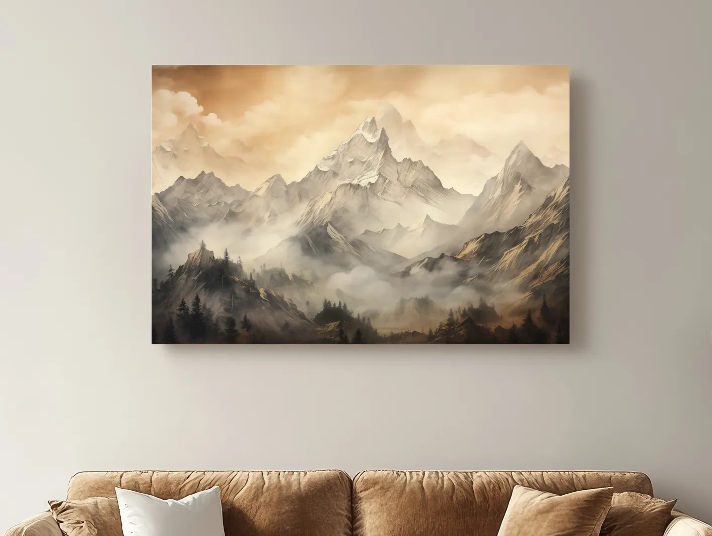 Moody Sepia Misty Mountain Peaks - Atmospheric Alpine Landscape Painting Wall Art
