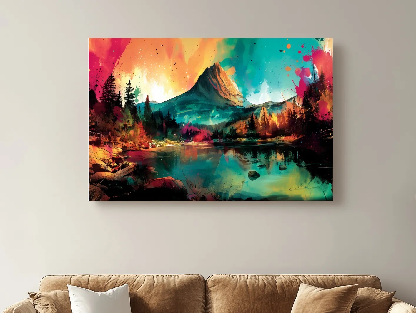 Vibrant Abstract Alpine Mountain Sunrise - Colorful Watercolor Style Artwork