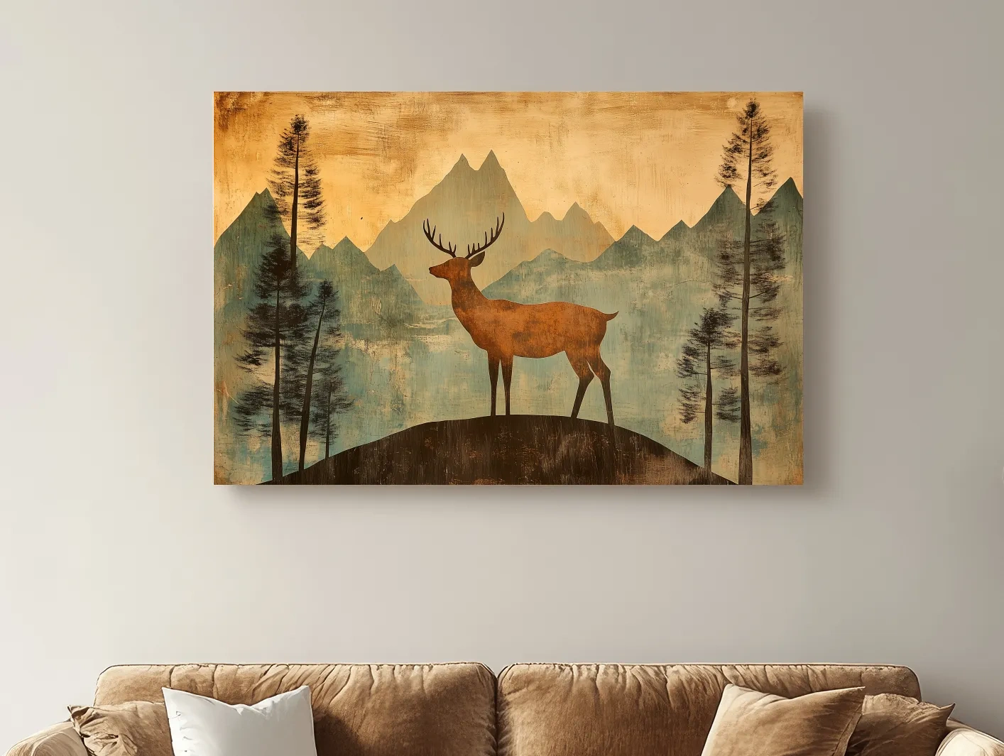 Rustic Deer Silhouette Mountain Landscape - Vintage Textured Woodland Wall Art