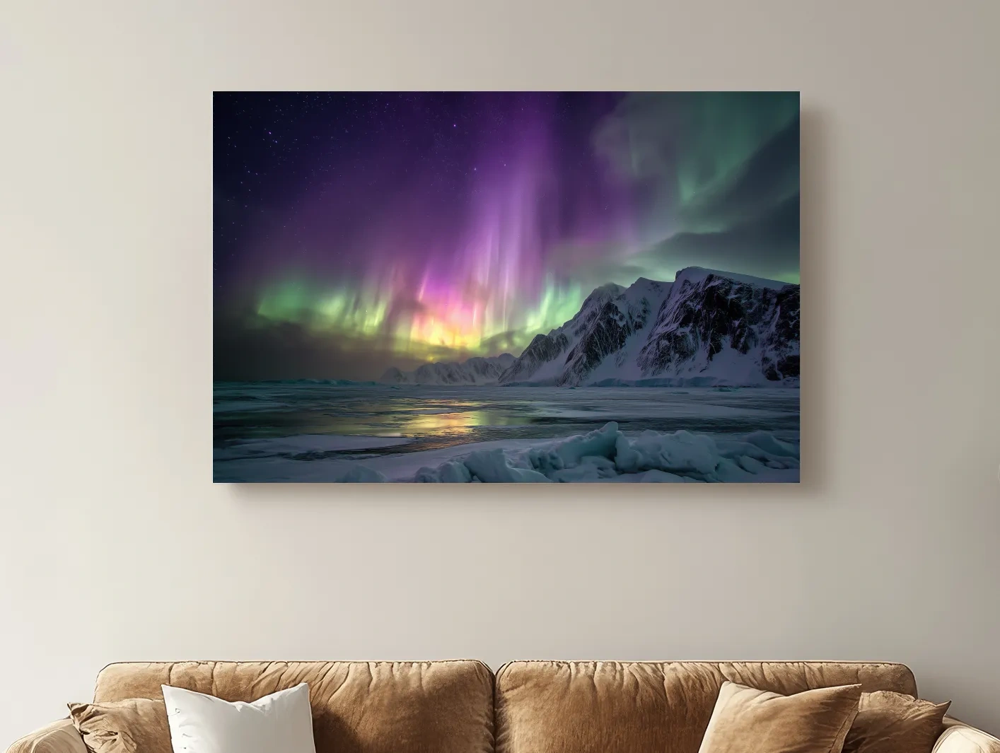Vibrant Northern Lights Over Snowy Mountains - Aurora Borealis Photographic Night Sky Wall Art