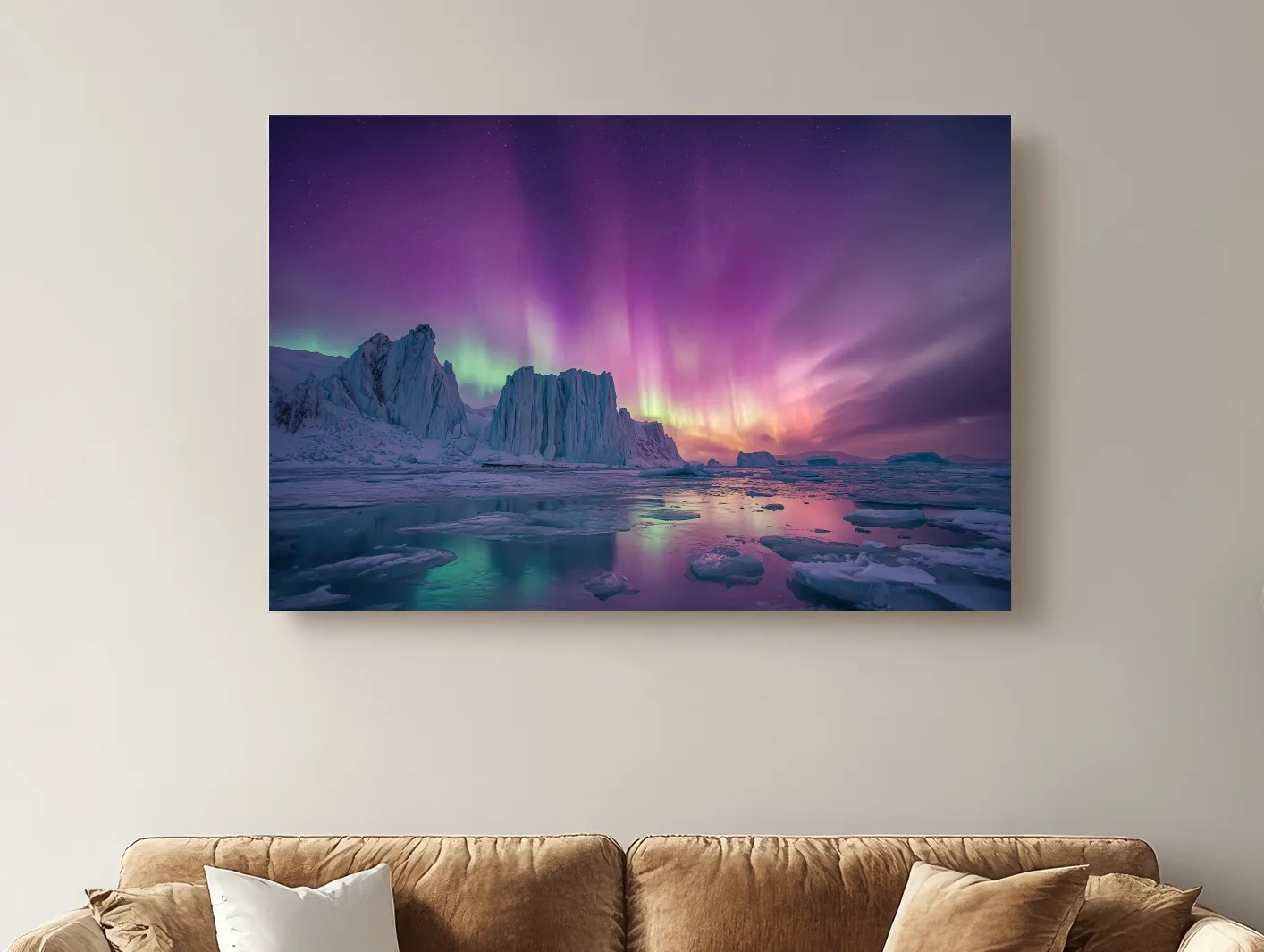 Vibrant Purple Northern Lights Over Arctic Icebergs - Aurora Borealis Landscape Wall Art