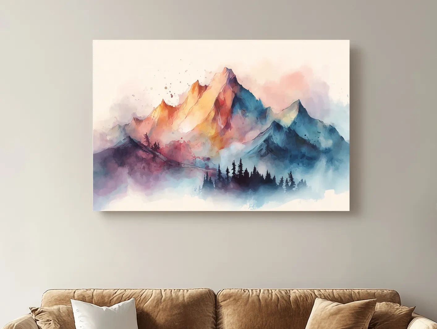 Vibrant Watercolor Mountain Peaks - Colorful Misty Alpine Forest Wall Art