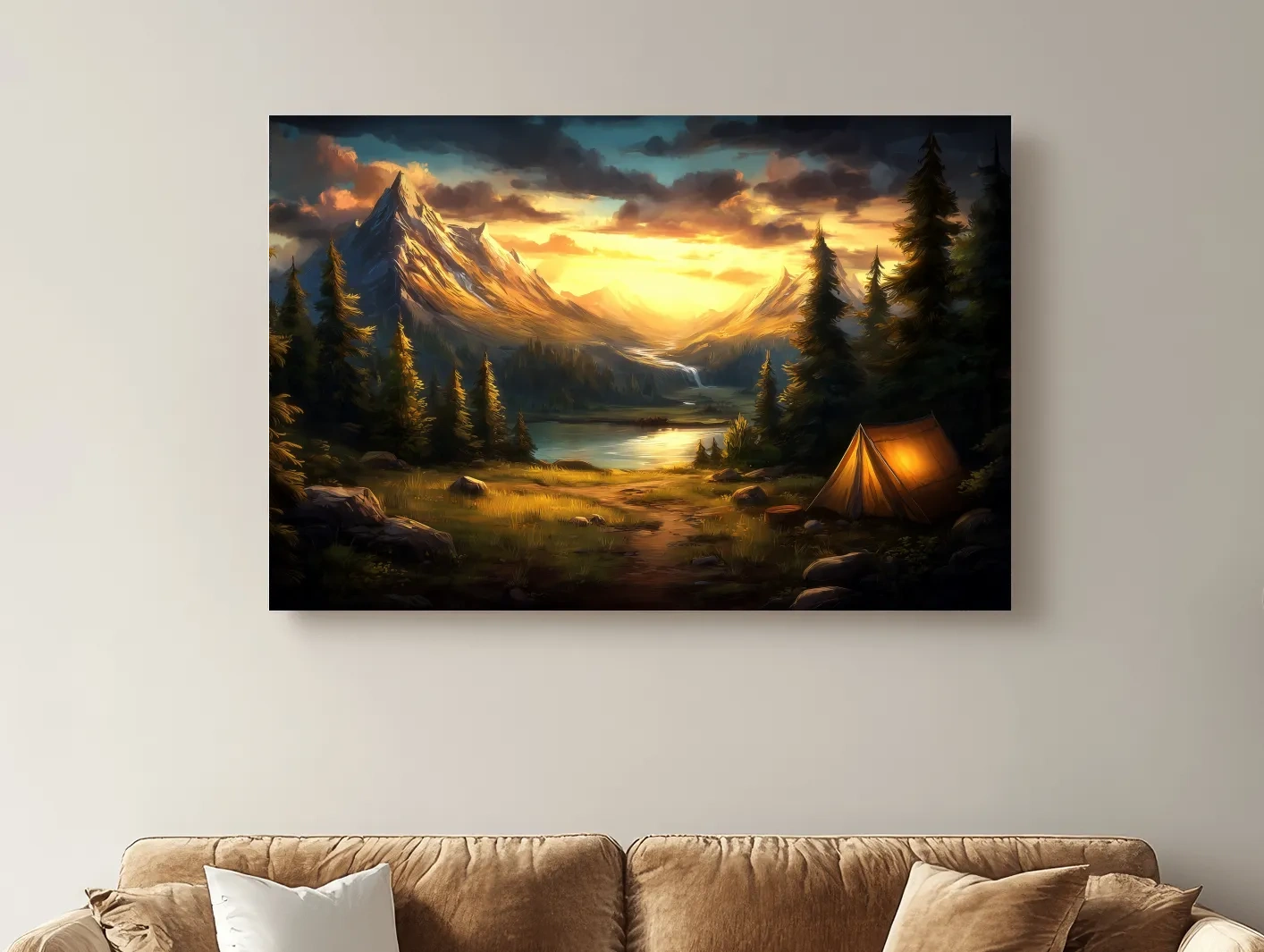 Golden Sunset Alpine Camping Scene Impressionist Painting - Scenic Mountain Wall Art
