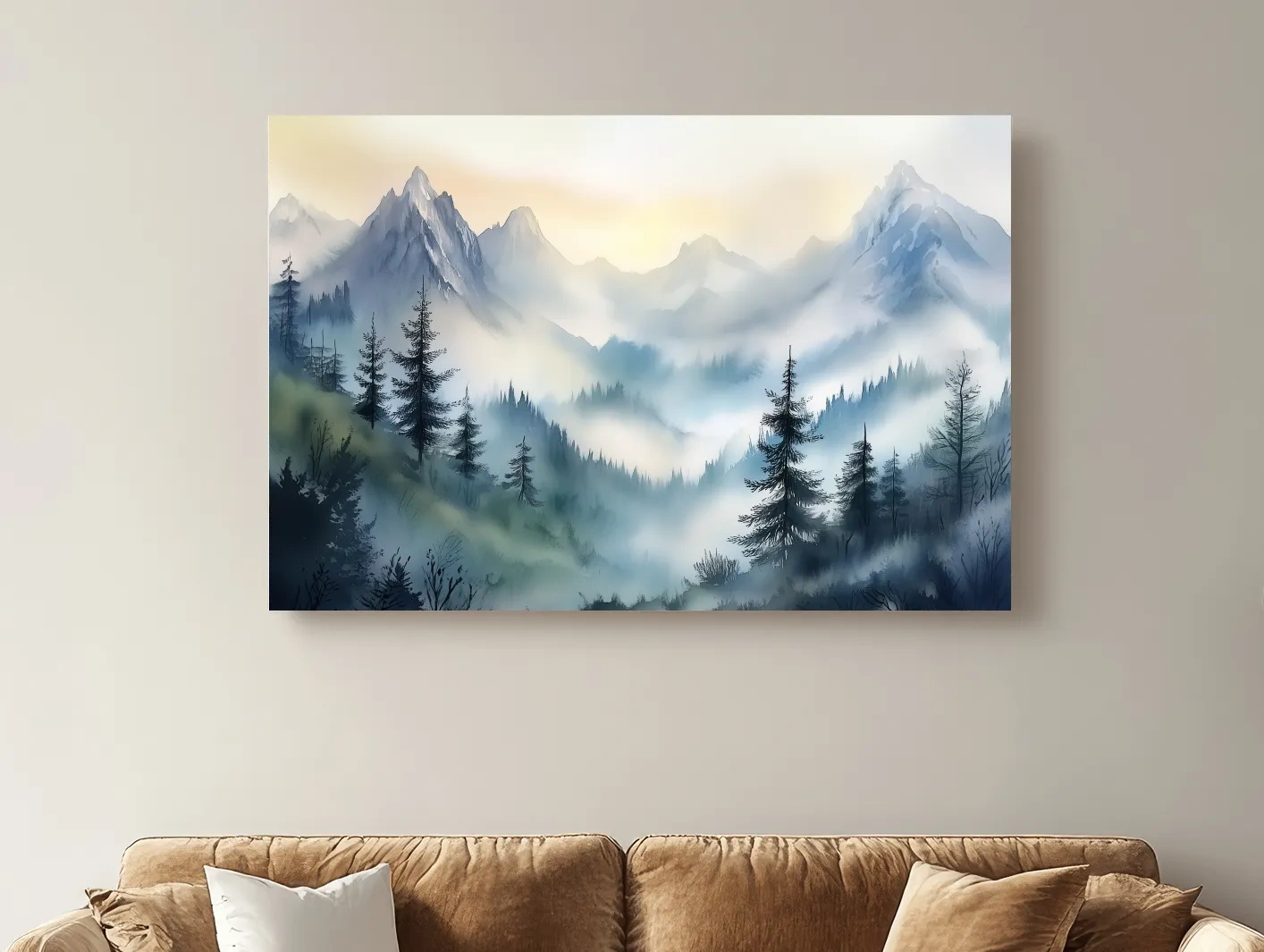 Chinese Ink Wash Watercolor Mountain Peaks - Foggy Alpine Wall Art